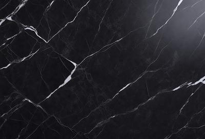 The primary subject of the image is a black marble wall with white veins. The setting is a dark room, and the visual style is a close-up of the marble wall. The colors and mood of the image are dark and dramatic, with the contrasting white veins on the black marble adding a sense of depth and texture to the scene.