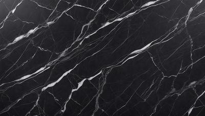 The primary subject of the image is a marble countertop with a black and white pattern. The setting is a kitchen, and the visual style is a close-up of the marble countertop. The colors and mood of the image are predominantly black and white, giving it a classic and elegant appearance.
