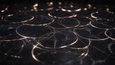 The primary subject of the image is a black marble countertop with a pattern of gold circles on it. The setting is a dark room, and the visual style appears to be a photo. The dominant colors are black and gold, creating a sophisticated and elegant atmosphere.