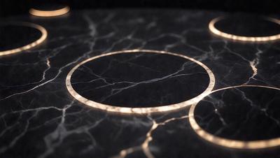 The primary subject of the image is a marble table with a circular design on it. The table is set against a black background, giving it a modern and sleek appearance. The visual style of the image is a close-up of the circular design, showcasing its intricate details. The colors and mood of the image are predominantly black and white, creating a sense of elegance and sophistication.