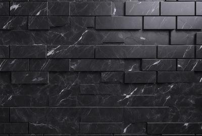 The primary subject of the image is a black marble wall with a pattern of white and black tiles. The setting is a room with a black brick wall, which adds to the overall atmosphere. The visual style is a close-up of the marble wall, showcasing the intricate pattern of the tiles. The colors and mood of the image are predominantly black and white, giving it a sleek and modern appearance.