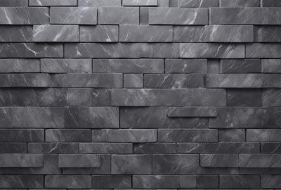 The primary subject of the image is a large, black brick wall. The setting is a dark room, and the visual style is a close-up of the brick wall. The dominant colors are black and grey, creating a moody atmosphere.