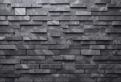 The primary subject of the image is a large, black brick wall. The setting is a dark room, and the visual style is a close-up of the brick wall. The colors and mood of the image are dark and moody, with the black brick wall being the main focus.