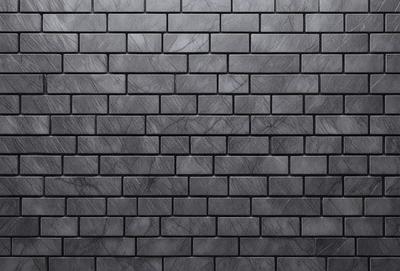 The primary subject of the image is a large, dark grey brick wall. The setting is a black and white photo, which gives the image a classic and timeless appearance. The visual style is a close-up of the brick wall, emphasizing its texture and details. The colors and mood of the image are predominantly dark and moody, with the grey bricks and black background creating a sense of depth and contrast.