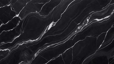 The primary subject of the image is a black marble countertop. The setting is a kitchen, with the countertop being the main focus of the scene. The visual style is a close-up of the marble countertop, showcasing its texture and pattern. The colors and mood of the image are predominantly dark, with the black marble countertop being the main source of contrast and visual interest.