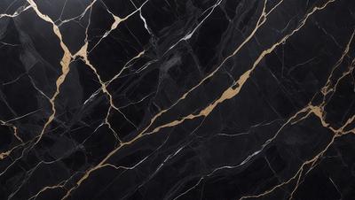 The primary subject of the image is a black marble countertop with gold veins running through it. The setting is a kitchen, and the visual style is a close-up of the marble countertop. The colors and mood of the image are predominantly black and gold, giving it a luxurious and elegant appearance.