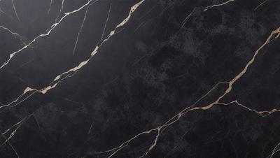 The primary subject of the image is a black marble countertop with gold veins. The setting is a kitchen, and the visual style is a close-up of the marble countertop. The colors and mood of the image are predominantly black and gold, creating a luxurious and elegant atmosphere.