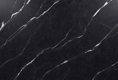 The primary subject of the image is a marble countertop with a black and white pattern. The setting is a kitchen, and the visual style is a close-up of the marble countertop. The colors and mood of the image are predominantly black and white, giving it a classic and elegant appearance.