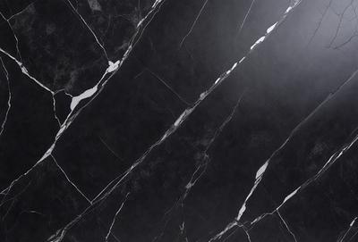 The primary subject of the image is a black and white marble tile. The setting is a black background, which highlights the marble tile. The visual style is a close-up of the tile, showcasing its texture and pattern. The colors and mood of the image are predominantly black and white, giving it a classic and elegant appearance.