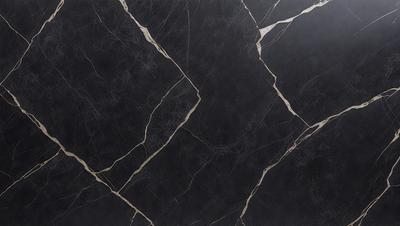 The primary subject of the image is a black marble countertop. The setting is a kitchen, with the countertop being the main focus of the scene. The visual style is a close-up of the marble countertop, showcasing its texture and pattern. The colors and mood of the image are predominantly dark, with the black marble countertop being the main source of contrast.