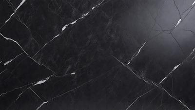 The primary subject of the image is a black marble countertop. The setting is a kitchen, with the countertop being the main focus of the scene. The visual style is a close-up of the marble countertop, showcasing its texture and details. The colors and mood of the image are predominantly dark, with the black marble countertop being the main source of contrast and visual interest.