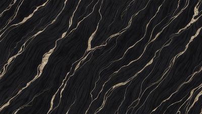 The primary subject of the image is a black and gold patterned fabric. The setting is a black and gold background, which creates a striking contrast with the fabric. The visual style is a close-up of the fabric, showcasing its intricate design. The colors and mood of the image are bold and luxurious, with the gold accents adding a touch of warmth to the overall atmosphere.