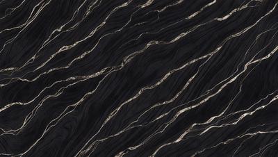 The primary subject of the image is a black and gold marble pattern. The setting is a black background, and the visual style appears to be a photo. The colors and mood of the image are dark and dramatic, with the gold accents adding a touch of warmth to the overall atmosphere.