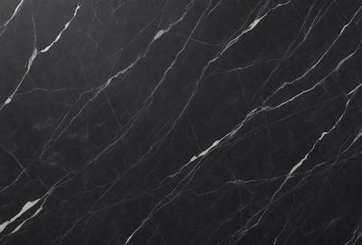 The primary subject of the image is a black marble countertop. The setting is a kitchen, with the countertop being the main focus of the scene. The visual style is a close-up of the marble countertop, showcasing its texture and pattern. The colors and mood of the image are predominantly dark, with the black marble countertop being the main source of contrast.