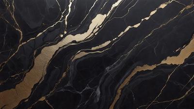 The primary subject of the image is a marble countertop with a gold-colored design. The setting is a kitchen, and the visual style is a close-up of the marble countertop. The colors and mood of the image are predominantly black and gold, giving it a luxurious and elegant appearance.