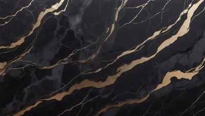 The primary subject of the image is a marble countertop with a gold-colored pattern. The setting is a kitchen, and the visual style is a close-up of the marble countertop. The colors and mood of the image are predominantly black and gold, giving it a luxurious and elegant appearance.