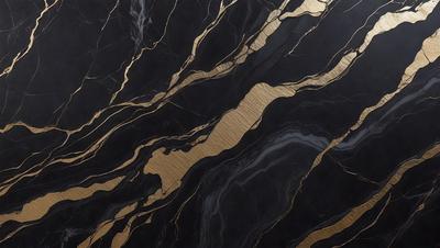The primary subject of the image is a marble countertop with a gold and black pattern. The setting is a kitchen, and the visual style is a close-up of the countertop. The dominant colors are gold and black, creating a luxurious and elegant atmosphere.