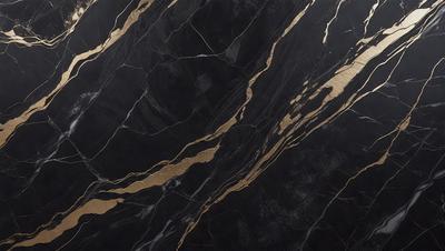 The primary subject of the image is a marble countertop with a gold-colored pattern. The setting is a kitchen, and the visual style is a close-up of the marble countertop. The colors and mood of the image are predominantly black and gold, giving it a luxurious and elegant appearance.