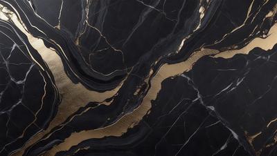 The primary subject of the image is a marble countertop with a gold and black pattern. The setting is a kitchen, and the visual style is a close-up of the countertop. The dominant colors are gold and black, creating a luxurious and elegant atmosphere.