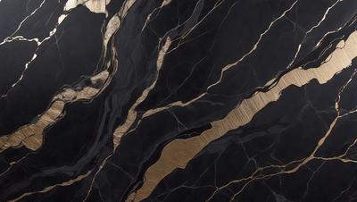 The primary subject of the image is a marble countertop with a gold and black pattern. The setting is a kitchen, and the visual style is a close-up of the countertop. The dominant colors are gold and black, creating a luxurious and elegant atmosphere.