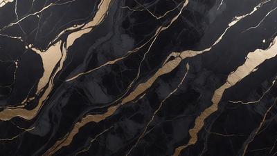 The primary subject of the image is a black and gold marble wall. The setting is a room with a black background, and the visual style is a close-up of the marble wall. The dominant colors are black and gold, creating a luxurious and elegant atmosphere.