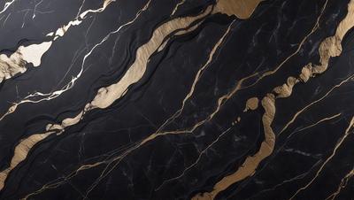 The primary subject of the image is a marble countertop with a gold-colored design. The setting is a kitchen, and the visual style is a combination of photo and digital art. The countertop features a gold-colored design, which adds a luxurious touch to the space. The overall atmosphere is elegant and sophisticated.