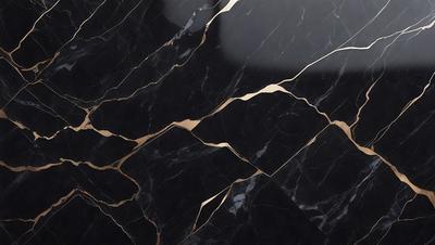 The primary subject of the image is a marble countertop with a gold pattern. The setting is a kitchen, and the visual style is a close-up of the marble countertop. The dominant colors are black and gold, creating a luxurious and elegant atmosphere.