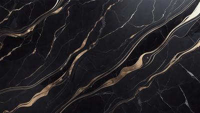 The primary subject of the image is a marble countertop with a black background. The countertop features a pattern of gold and black stripes, giving it a luxurious and elegant appearance. The visual style of the image is a close-up of the marble countertop, showcasing its intricate design and texture. The colors and mood of the image are predominantly black and gold, creating a sophisticated and timeless atmosphere.