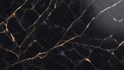The primary subject of the image is a marble countertop with a black and gold pattern. The setting is a kitchen, and the visual style is a close-up of the countertop. The dominant colors are black and gold, creating a luxurious and elegant atmosphere.