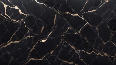 The primary subject of the image is a black marble countertop with a gold pattern. The setting is a kitchen, and the visual style is a close-up of the marble countertop. The dominant colors are black and gold, creating a luxurious and elegant atmosphere.