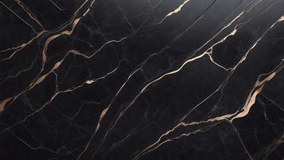 The primary subject of the image is a black marble countertop with gold veins running through it. The setting is a kitchen, and the visual style is a close-up of the marble countertop. The colors and mood of the image are predominantly black and gold, creating a luxurious and elegant atmosphere.