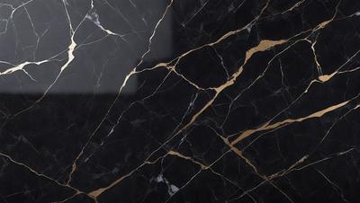 The primary subject of the image is a marble countertop with a gold-colored pattern. The setting is a kitchen, and the visual style is a close-up of the countertop. The dominant colors are black and gold, creating a luxurious and elegant atmosphere.