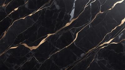The primary subject of the image is a marble countertop with a gold-colored design. The setting is a kitchen, and the visual style is a close-up of the marble countertop. The colors and mood of the image are predominantly black and gold, giving it a luxurious and elegant appearance.