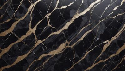 The primary subject of the image is a black and gold marble wall. The setting is a room with a black background, and the visual style is a close-up of the marble wall. The colors and mood of the image are dark and luxurious, with the gold accents adding a touch of elegance.