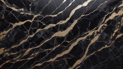 The primary subject of the image is a marble countertop with a gold-colored pattern. The setting is a kitchen, and the visual style is a close-up of the marble countertop. The colors and mood of the image are predominantly black and gold, giving it a luxurious and elegant appearance.