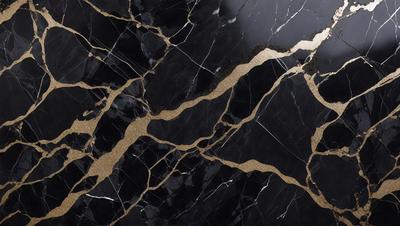 The primary subject of the image is a marble countertop with a gold-colored design. The setting is a kitchen, and the visual style is a close-up of the countertop. The colors and mood of the image are predominantly black and gold, giving it a luxurious and elegant appearance.