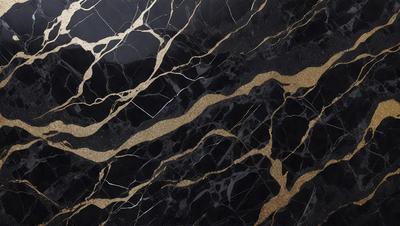 The primary subject of the image is a marble wall with gold accents. The setting is a black background, which contrasts with the gold and black marble. The visual style is a close-up of the marble wall, showcasing the intricate patterns and textures. The colors and mood of the image are elegant and sophisticated, with the gold accents adding a touch of luxury and refinement.