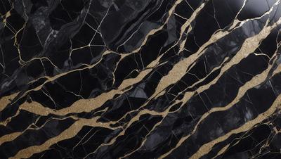 The primary subject of the image is a black and gold marble countertop. The setting is a kitchen, with the countertop being the main focus of the scene. The visual style is a close-up of the marble countertop, showcasing its intricate patterns and textures. The dominant colors are black and gold, creating a luxurious and elegant atmosphere.