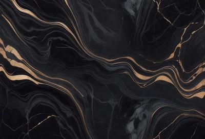 The primary subject of the image is a black and gold marble countertop. The setting is a kitchen, with the countertop being the main focus of the scene. The visual style is a close-up of the marble countertop, showcasing its intricate patterns and textures. The colors and mood of the image are predominantly black and gold, giving it a luxurious and elegant appearance.