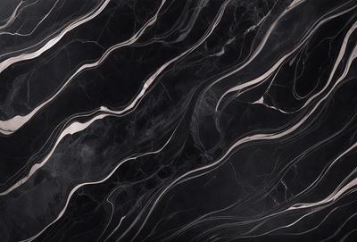 The primary subject of the image is a black and white marble countertop. The setting is a kitchen, with the countertop being the main focus of the scene. The visual style is a close-up of the marble countertop, showcasing its intricate patterns and textures. The colors and mood of the image are predominantly black and white, giving it a classic and elegant appearance.