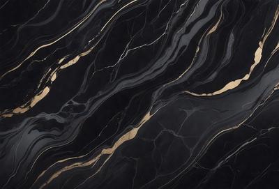The primary subject of the image is a black and gold marble pattern. The setting is a black background, and the visual style appears to be a photo. The dominant colors are black and gold, creating a luxurious and elegant atmosphere.