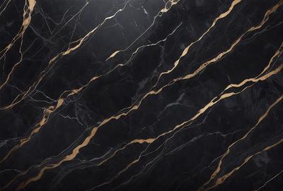 The primary subject of the image is a marble countertop with a black background. The countertop features a pattern of gold streaks, giving it a luxurious and elegant appearance. The visual style of the image is a close-up of the marble countertop, highlighting its unique texture and design. The colors and mood of the image are predominantly black and gold, creating a sophisticated and timeless atmosphere.