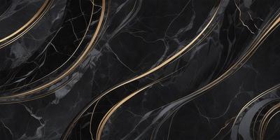 The primary subject of the image is a black marble countertop with gold accents. The setting is a kitchen, and the visual style is a combination of a photo and digital art. The countertop has a black and gold color scheme, giving it a luxurious and elegant appearance.