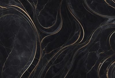 The primary subject of the image is a marble countertop with a gold pattern. The setting is a kitchen, and the visual style is a close-up of the marble countertop. The colors and mood of the image are predominantly black and gold, giving it a luxurious and elegant appearance.
