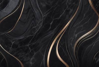 The primary subject of the image is a black and gold marble pattern. The setting is a black background, and the visual style is a close-up of the marble pattern. The dominant colors are black and gold, creating a sophisticated and elegant atmosphere.