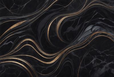 The primary subject of the image is a black and gold marble pattern. The setting is a black background, and the visual style appears to be a combination of a photo and digital art. The dominant colors are black and gold, creating a luxurious and elegant atmosphere.