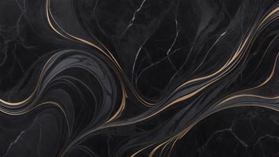 The primary subject of the image is a black and gold marble countertop. The setting is a kitchen, with the countertop being the main focus of the scene. The visual style is a combination of a photo and digital art, creating a unique and eye-catching design. The dominant colors are black and gold, giving the countertop a luxurious and elegant appearance.