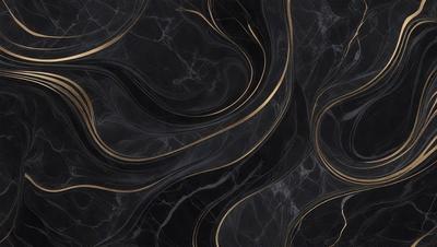 The primary subject of the image is a black and gold marble pattern. The setting is a black background, and the visual style is a combination of a photo and digital art. The dominant colors are black and gold, creating a luxurious and elegant atmosphere.