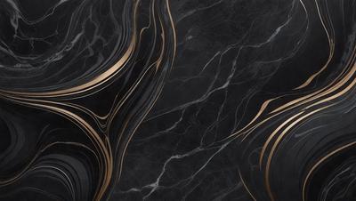 The primary subject of the image is a black marble countertop with a gold design. The setting is a kitchen, and the visual style is a combination of photo and digital art. The countertop has a gold pattern, and the overall atmosphere is elegant and sophisticated.
