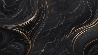 The primary subject of the image is a black marble countertop with a gold design. The setting is a kitchen, and the visual style is a combination of photo and digital art. The countertop has a gold pattern, and the overall atmosphere is elegant and sophisticated.